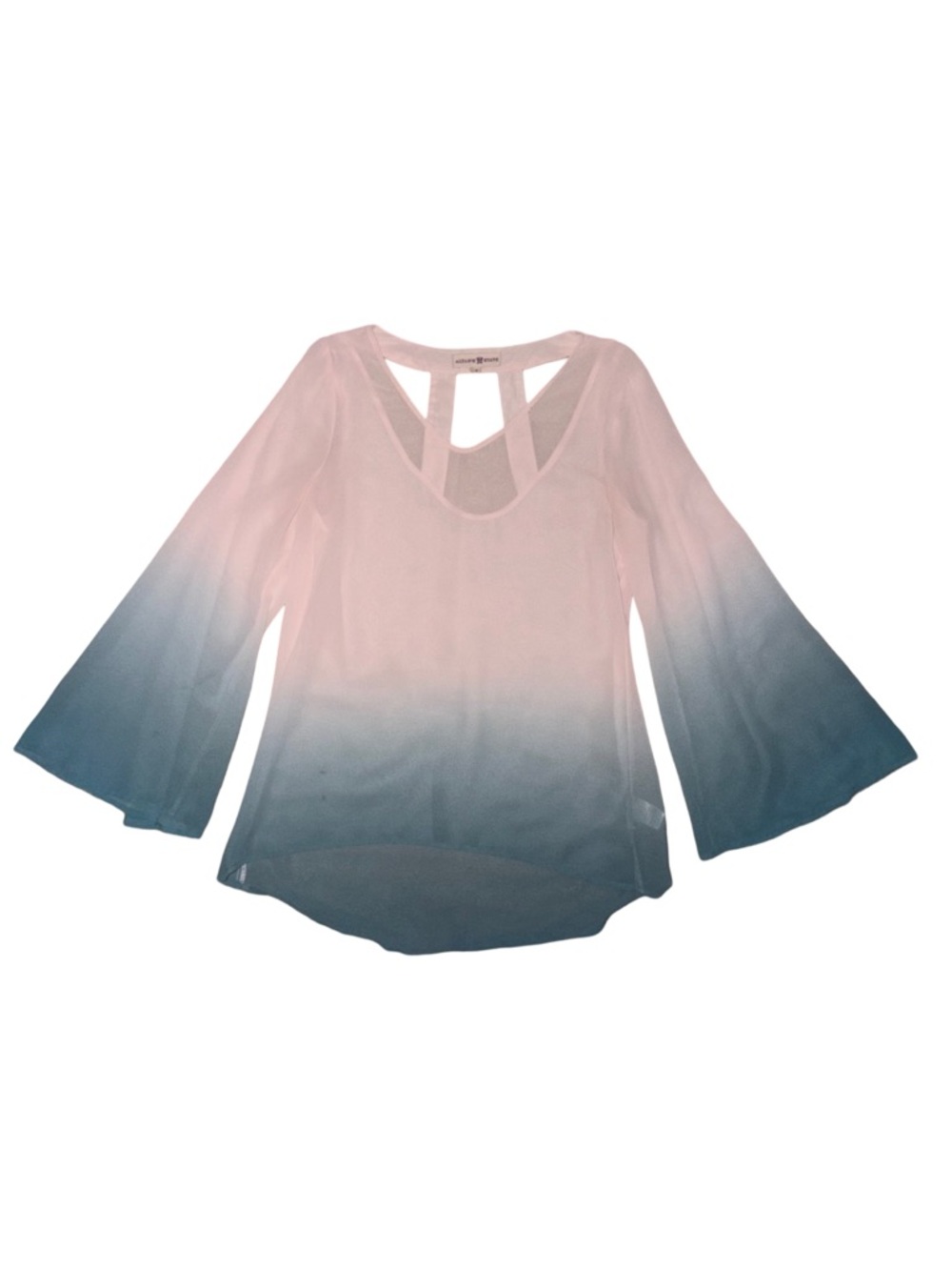 Altar’d State Small Ombre Teal Pink Bell Sleeve V-Neck Hi-Low Blouse